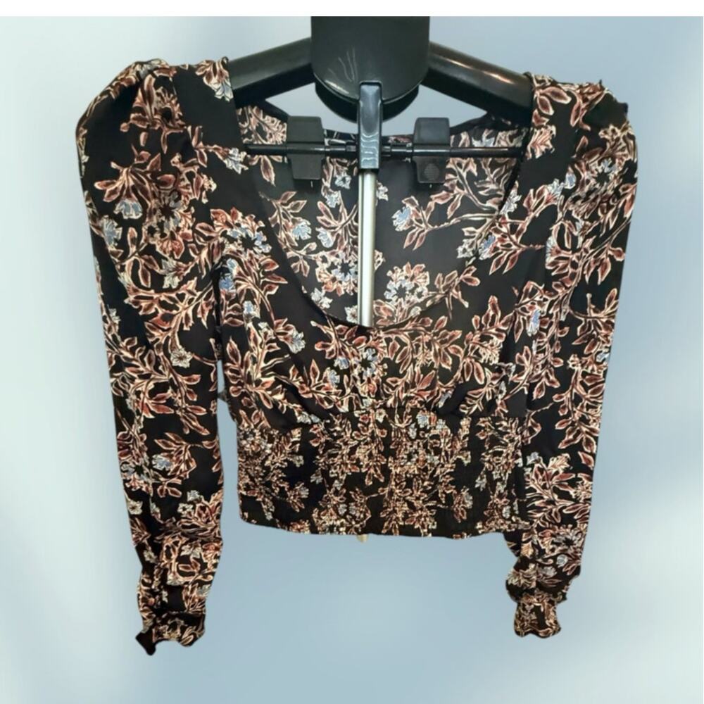 Free People Brown Leaf & Floral Pattern Smocked Waist Bank Blouse  XS
